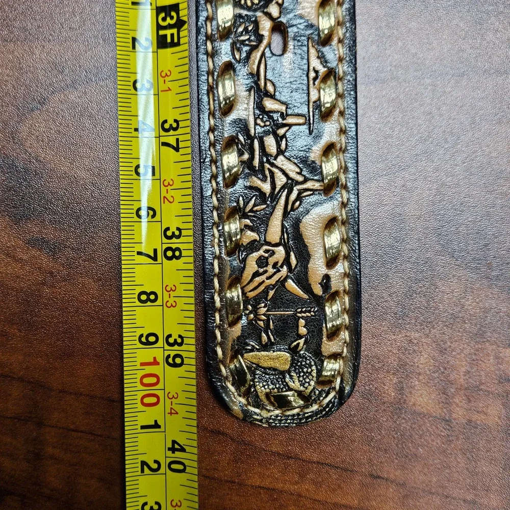 Ranch Pal Mens Brown Tooled Leather Western Belt Armadillo Steer Skull Size 34